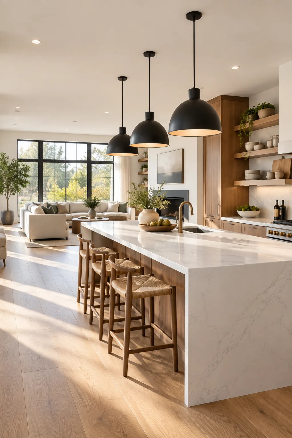 Matte black pendant lights hanging over a white quartz kitchen island.