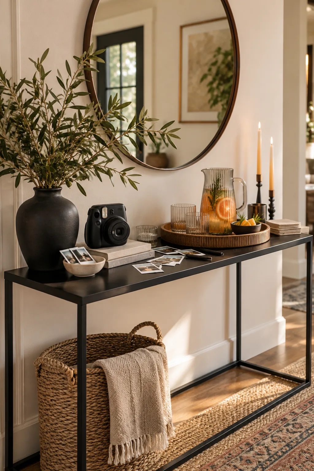 Modern minimalist entryway console with a black metal table, smoked glass pitcher, and olive branches.