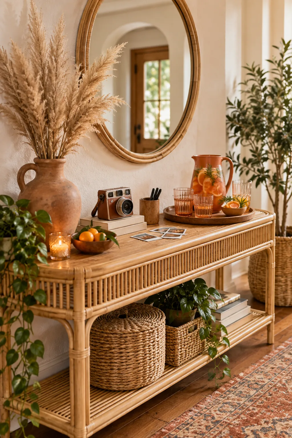 Warm bohemian entryway console with a rattan table, terracotta pitcher, and dried pampas grass.