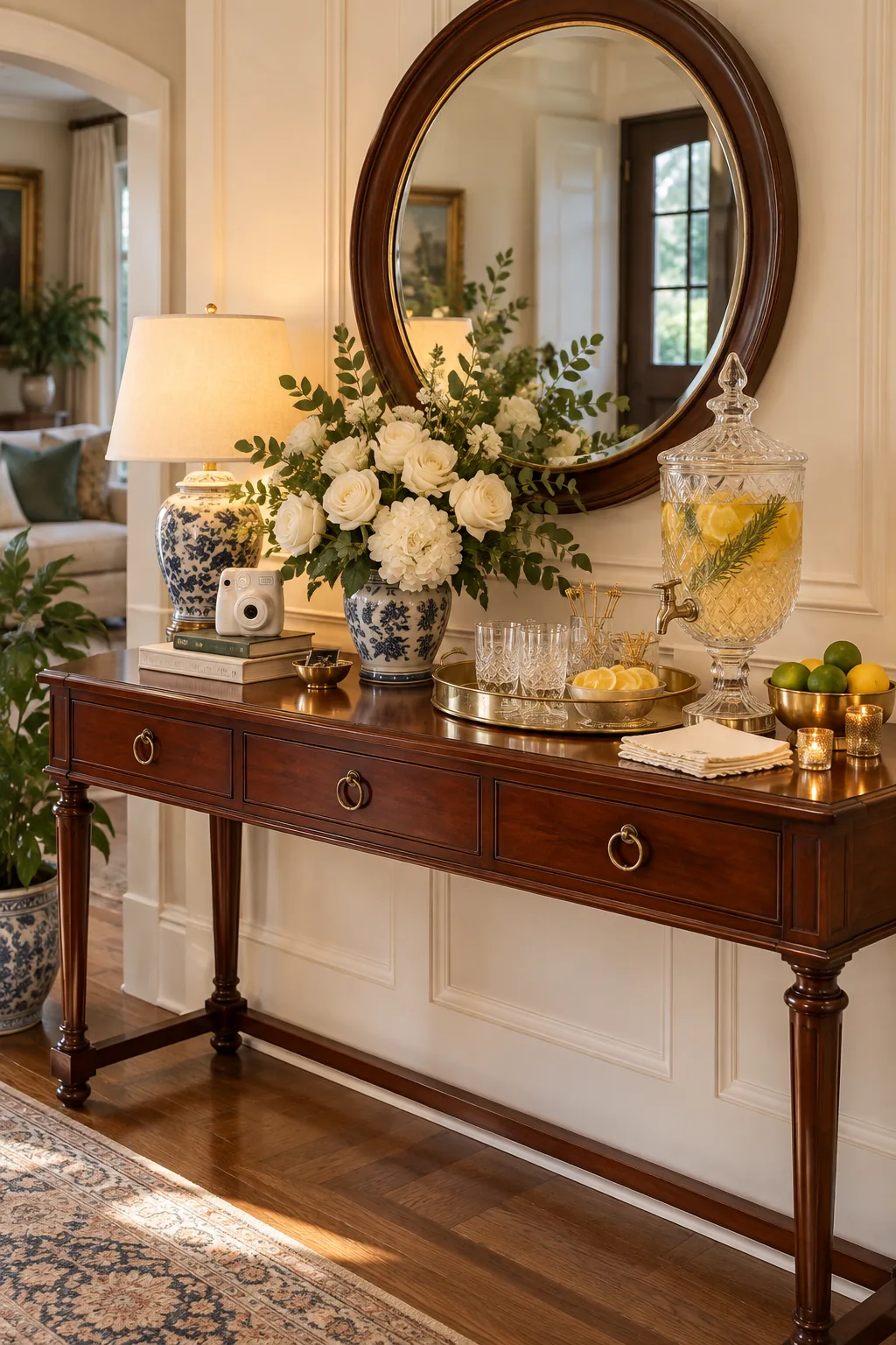 Classic traditional entryway console with a mahogany table, crystal drink dispenser, and white roses.