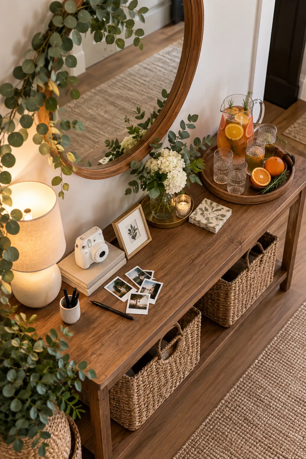 Fully styled entryway console table with drinks on the right and a camera on the left.