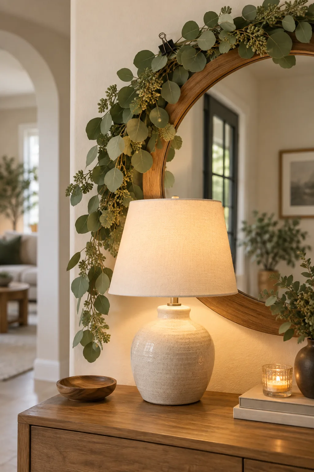 Eucalyptus garland attached to the top edge of a wooden mirror using a black binder clip.