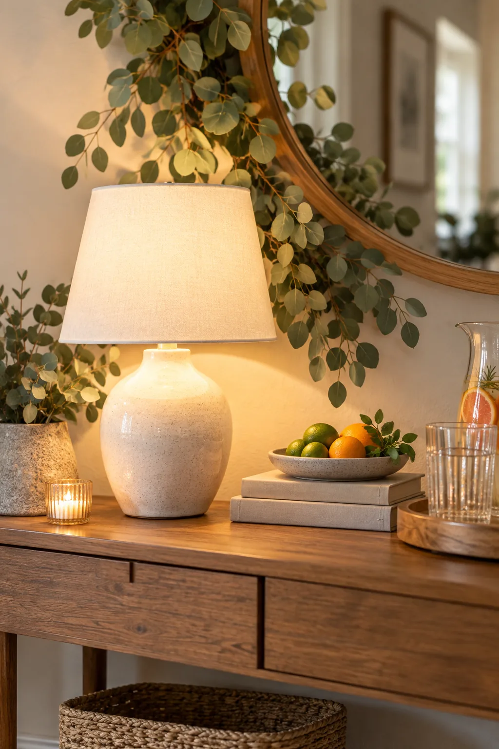 Glowing ceramic table lamp sitting on a wooden table with no power cord visible.