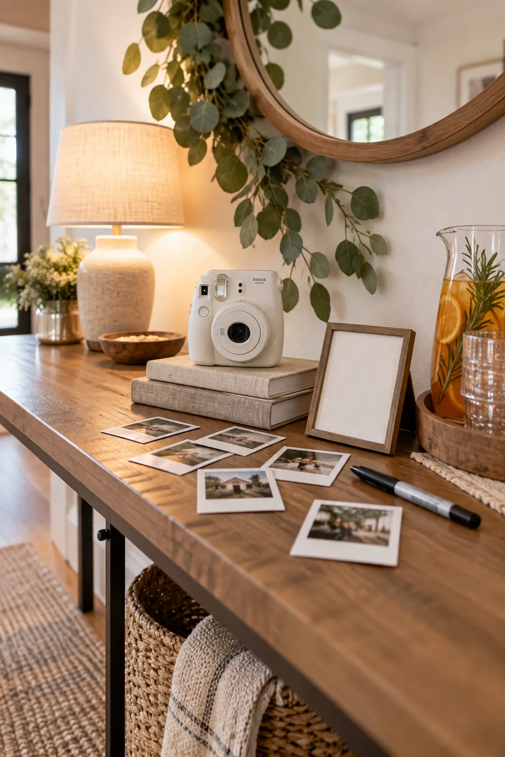 White instant camera sitting on stacked books next to photos and a black marker.