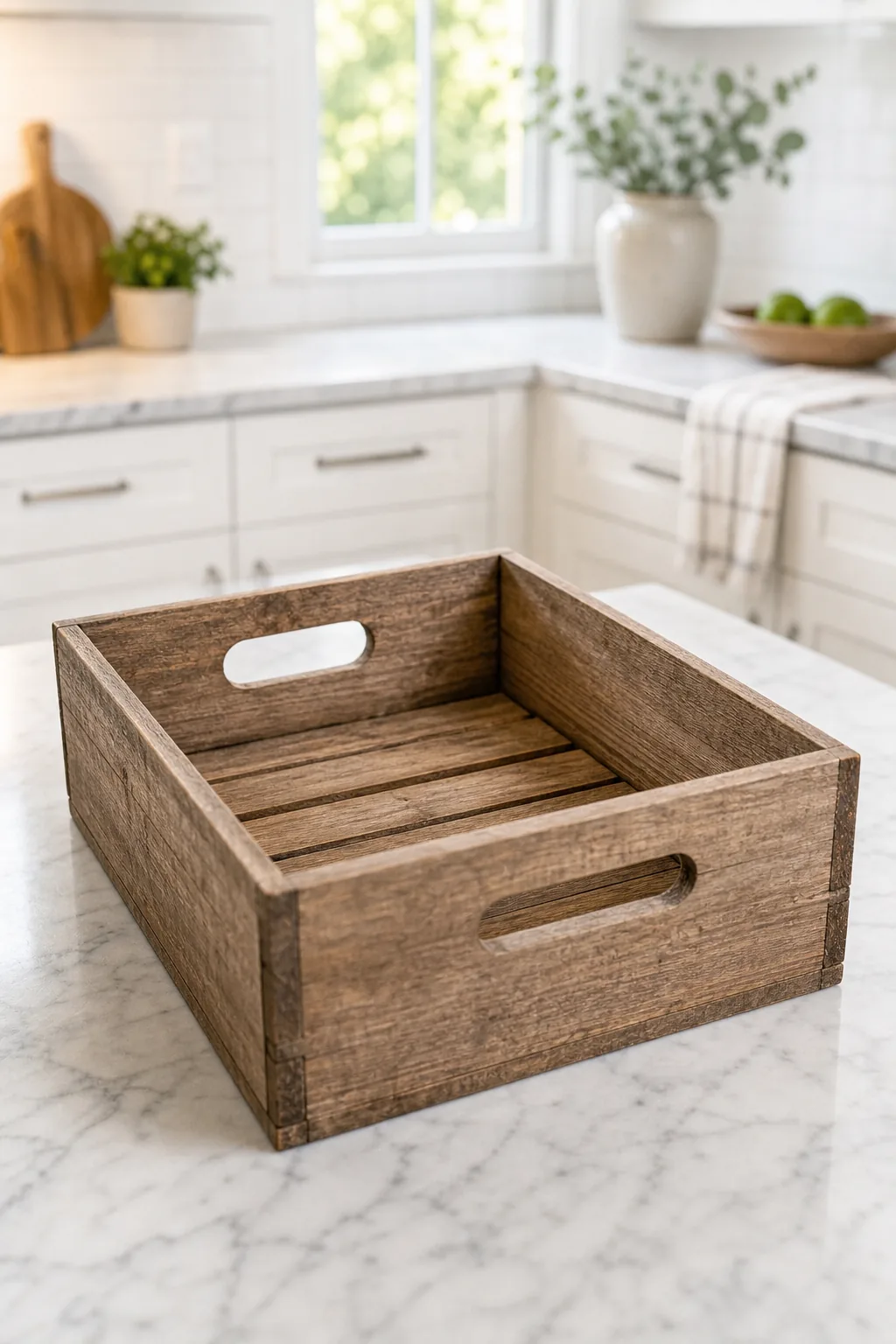 An empty rustic wooden crate resting on a white marble kitchen counter.