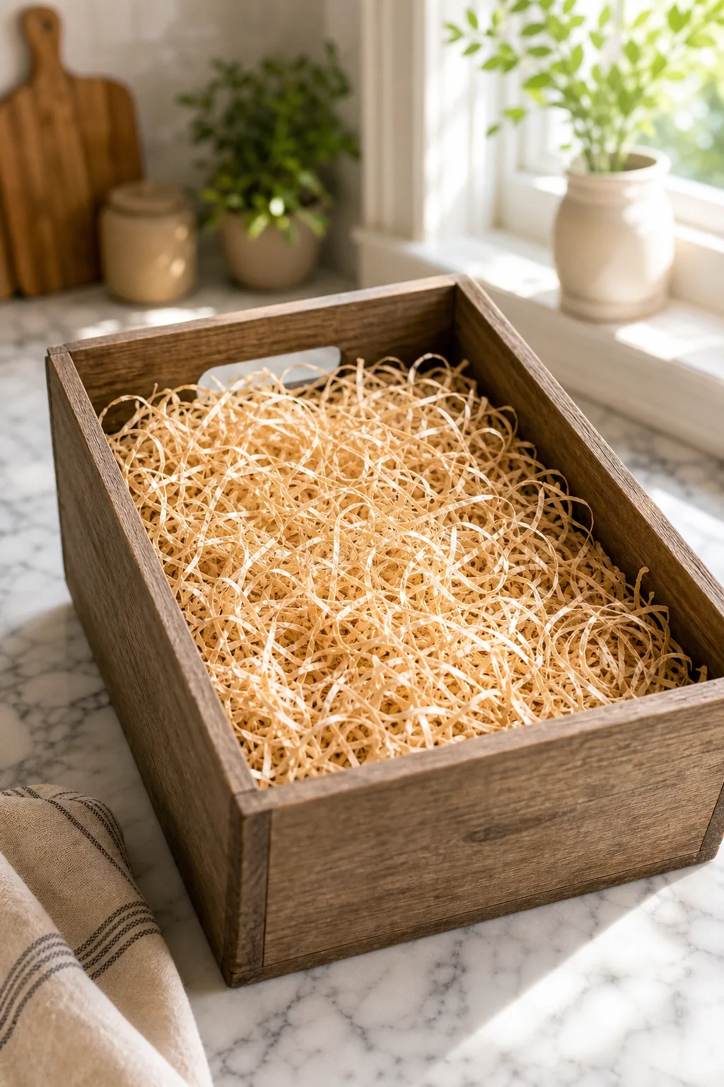 Close up of curly natural wood wool filling the bottom of a wooden crate.