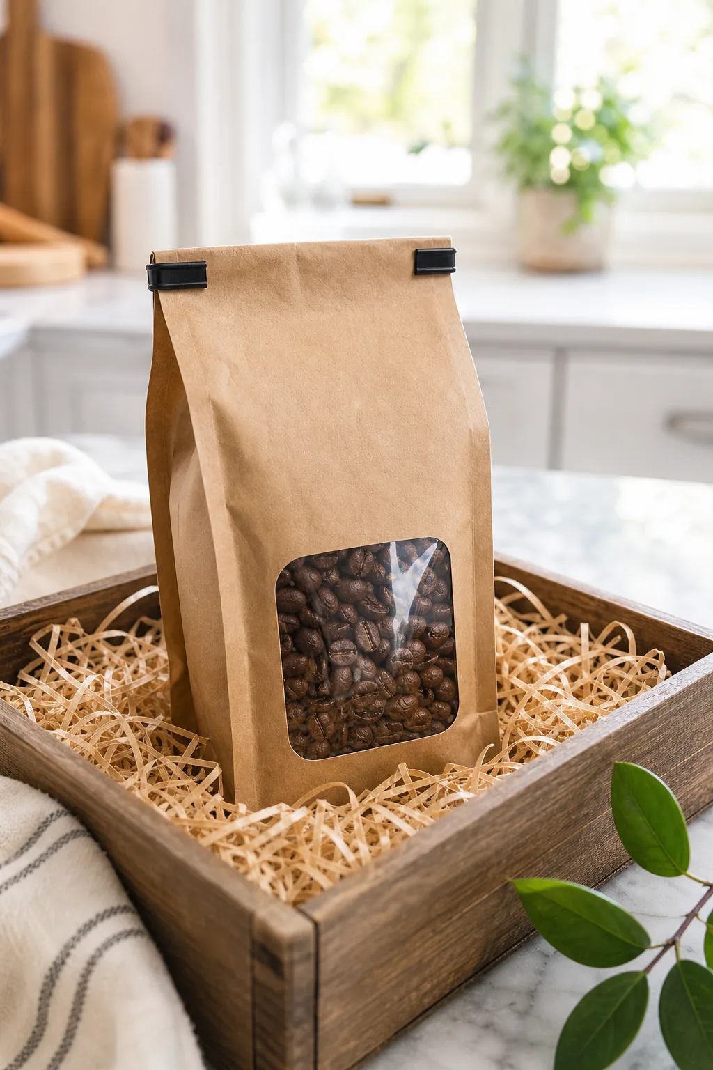 A kraft paper bag of artisanal coffee resting on wood wool.
