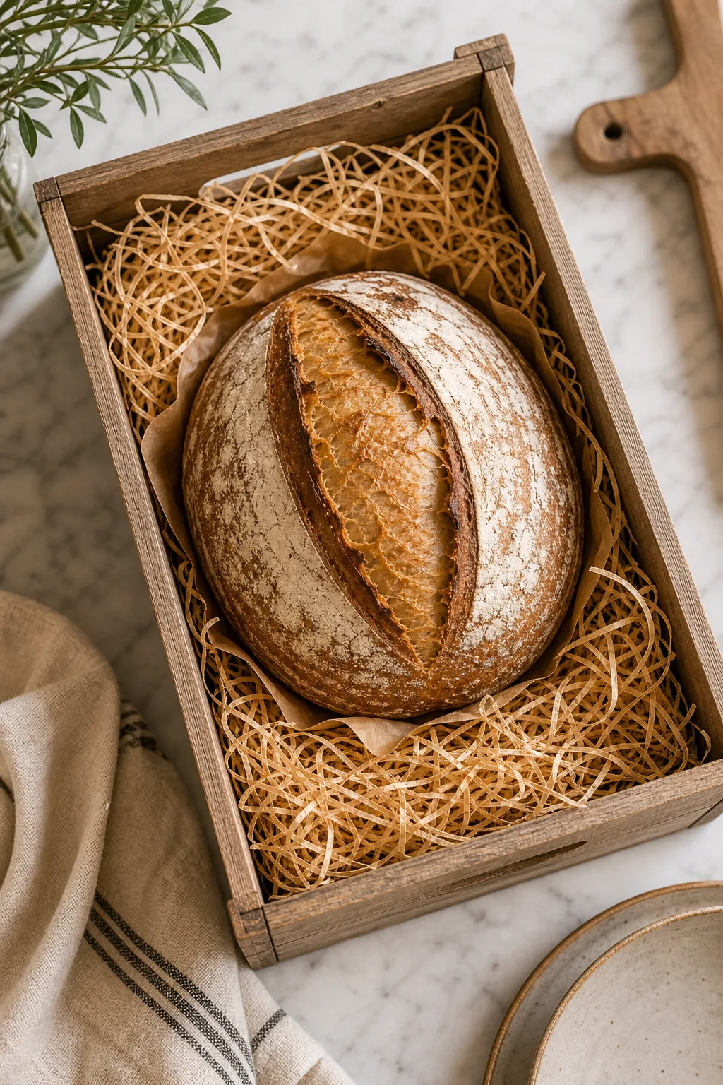 Overhead view of a large round loaf of sourdough bread in a wooden crate.