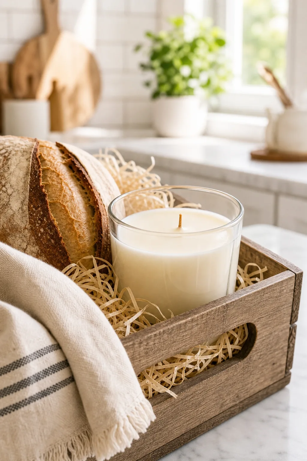 Close up of a poured white wax candle in a clear glass jar.