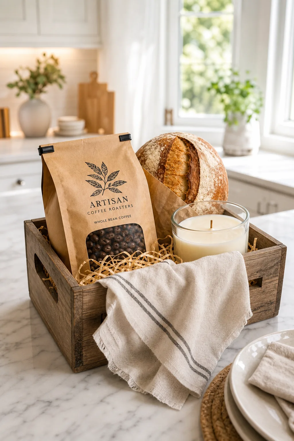 A striped linen tea towel draped over the edge of a wooden crate.