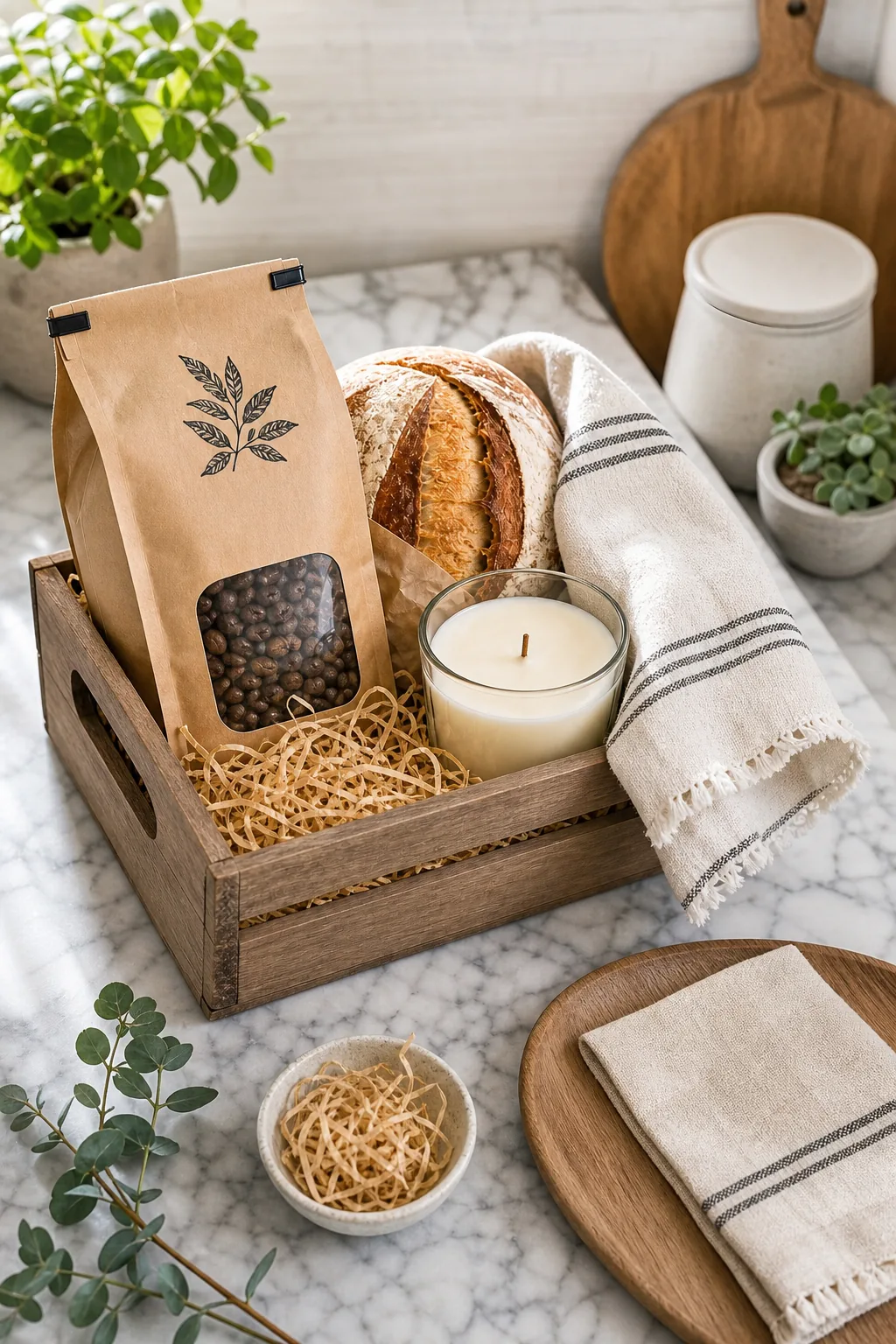 Fully assembled housewarming gift crate sitting on a marble kitchen island.