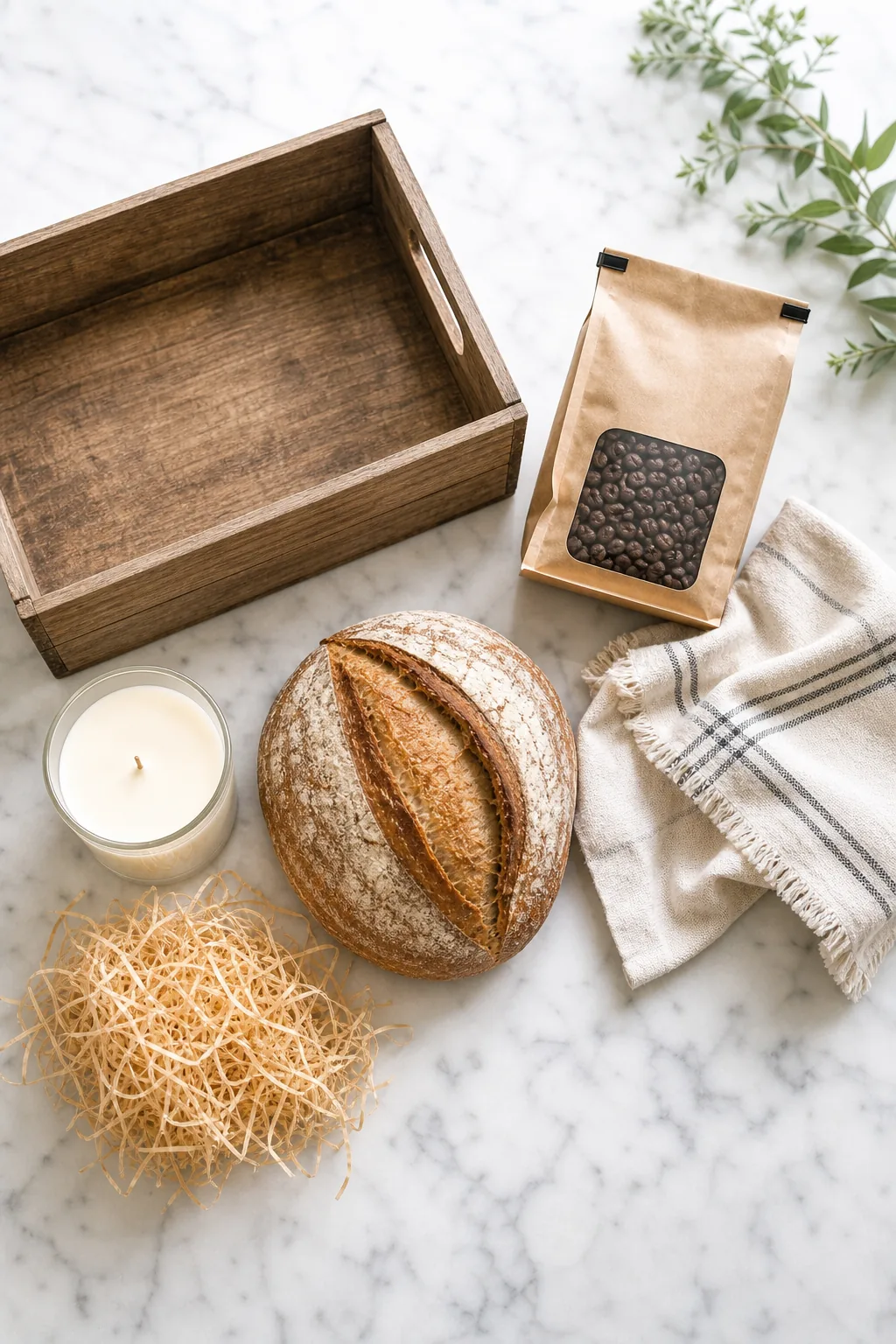 A flat lay of an empty crate, coffee, bread, candle, and towel.