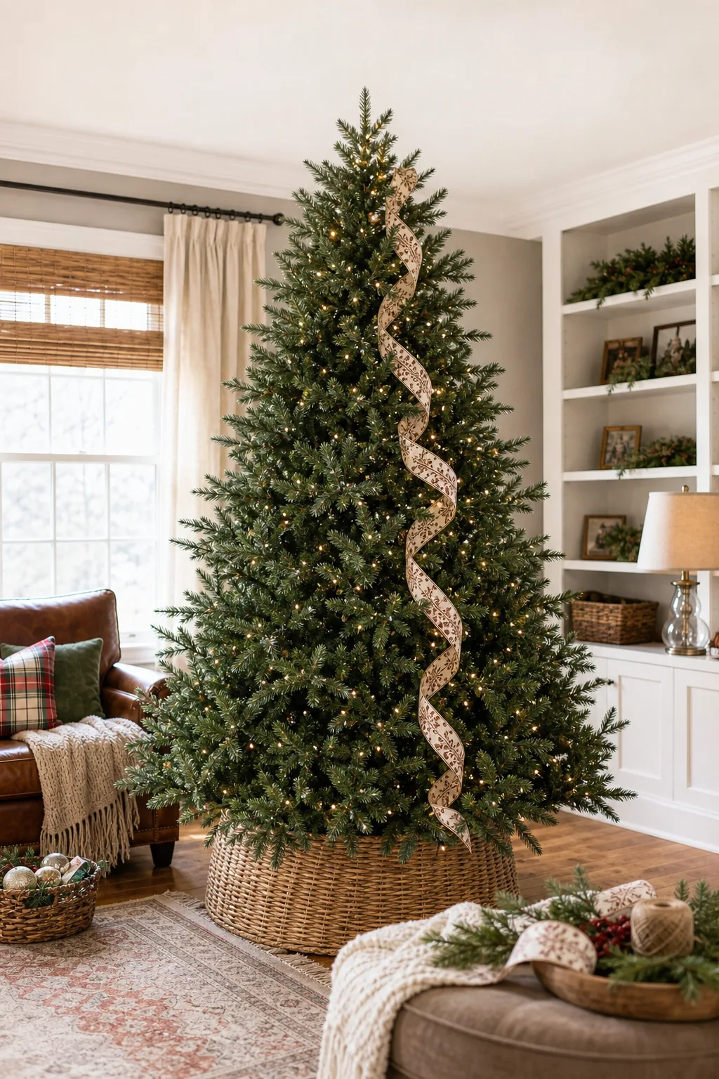 A partially decorated green Christmas tree in a bright living room.