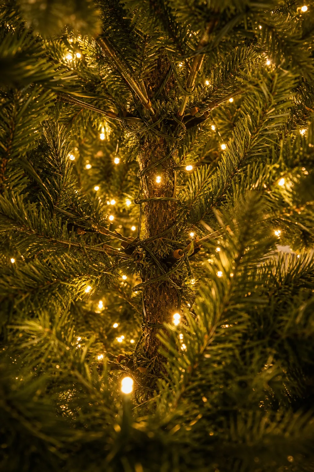 Close-up of warm string lights glowing deep inside the branches of a Christmas tree near the trunk.