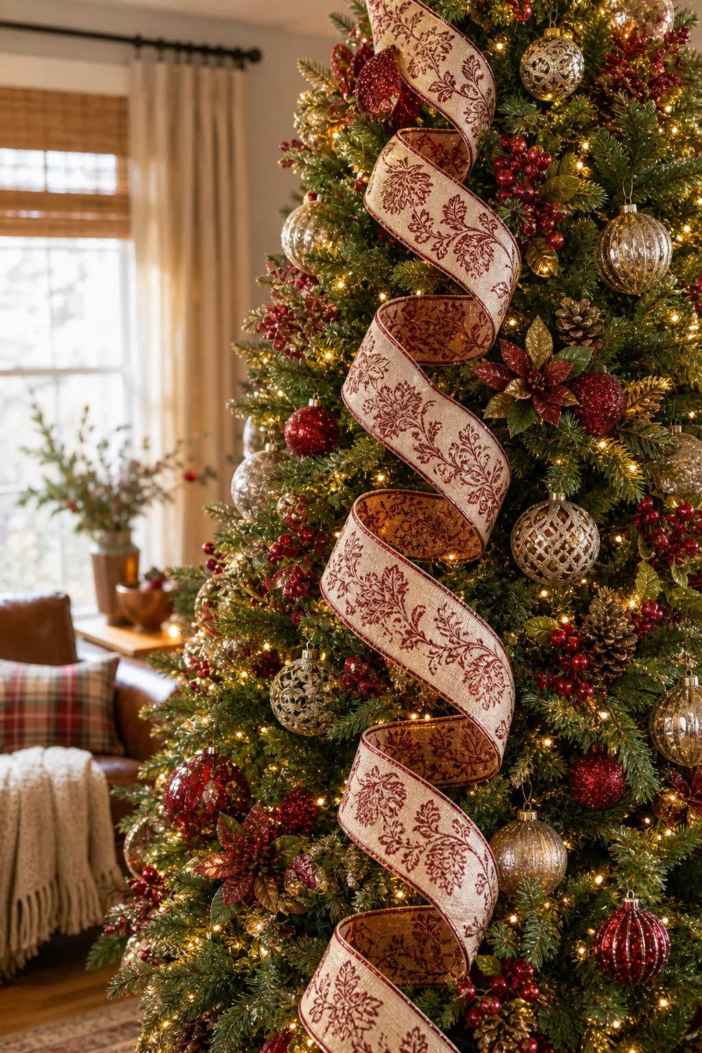 Thick wired ribbon cascading diagonally down the branches of a lit Christmas tree.