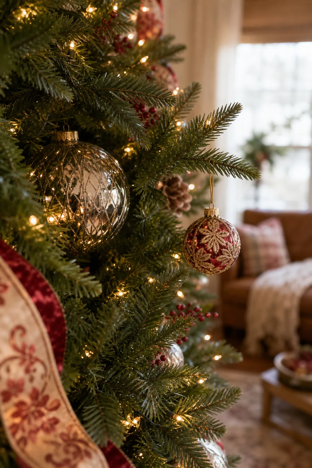 A large reflective ornament deep inside a Christmas tree contrasted with a smaller ornament on an outer branch.
