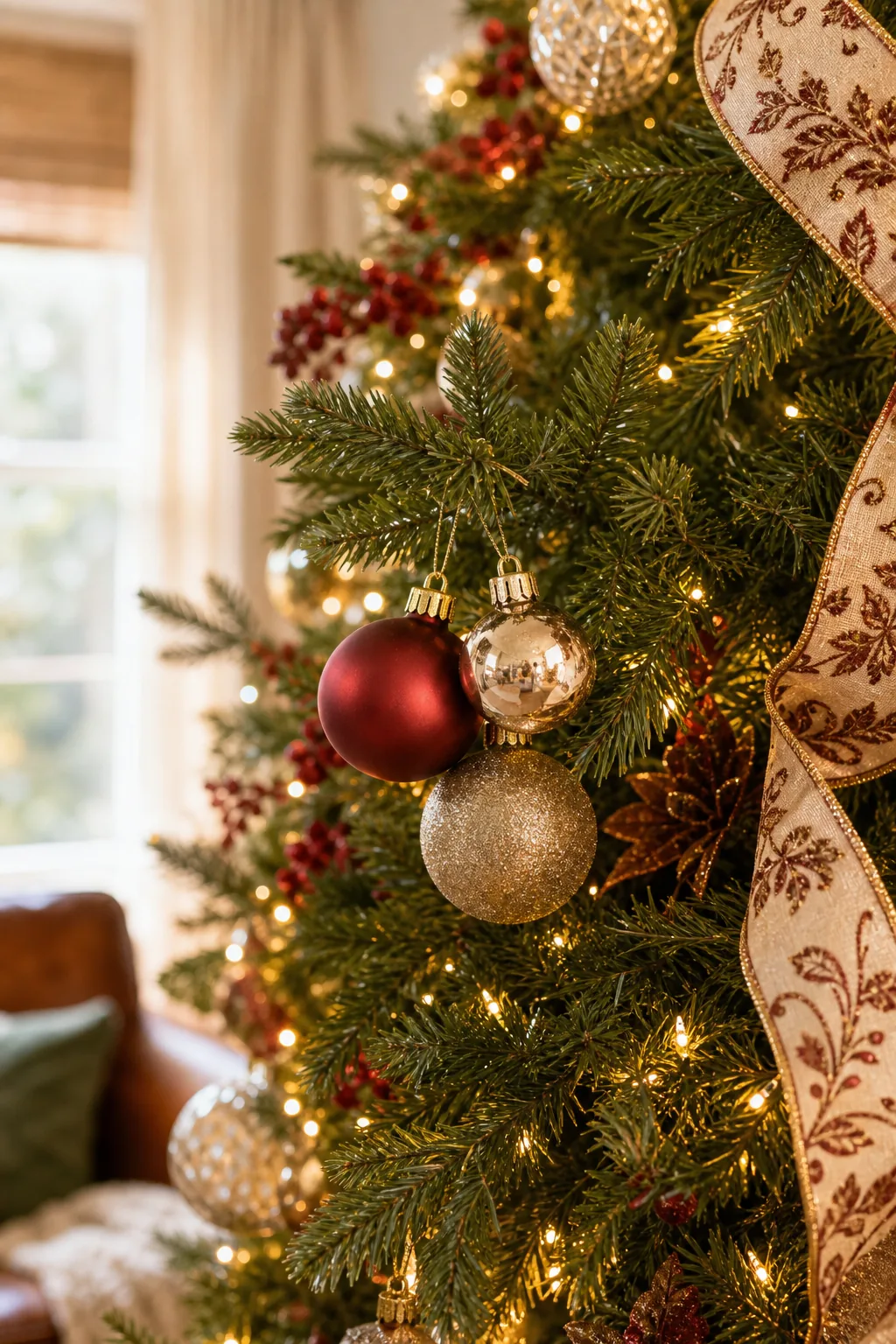 A cluster of three complementary ornaments in matte, shiny, and glitter finishes on a tree branch.