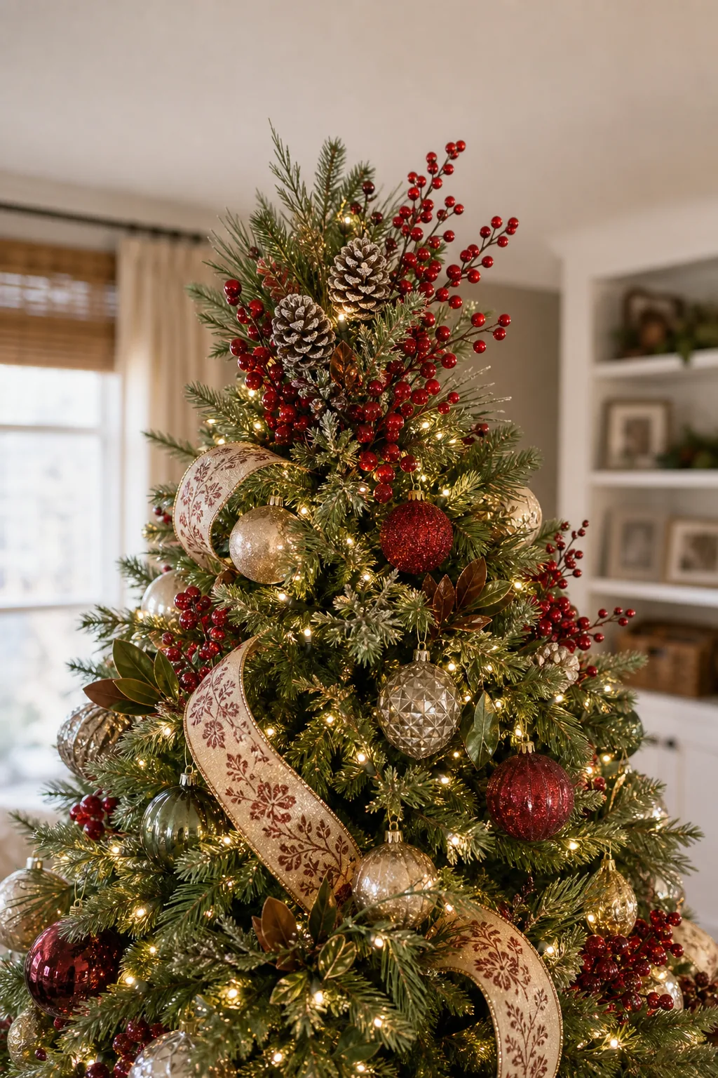 A textured red berry and pinecone pick inserted into the top third of a decorated Christmas tree.