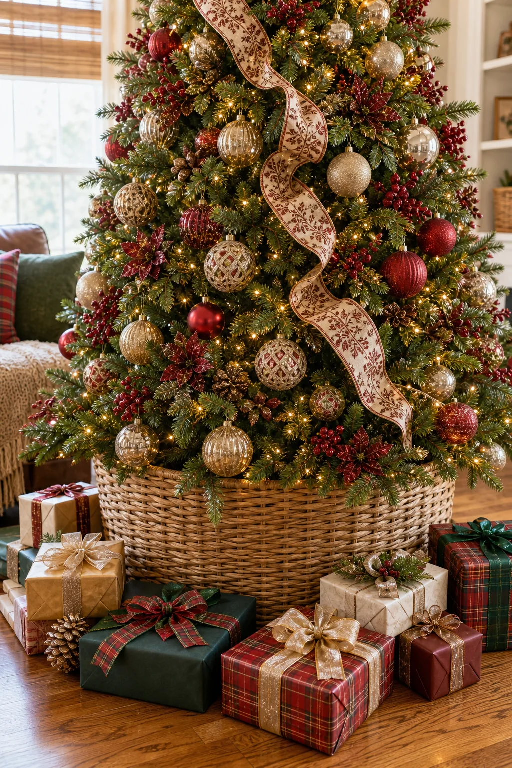 A woven rattan tree collar at the base of a Christmas tree, surrounded by wrapped gifts.
