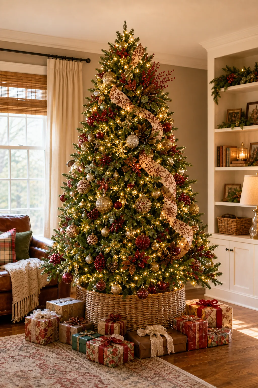 A fully decorated and illuminated Christmas tree glowing in a cozy living room.