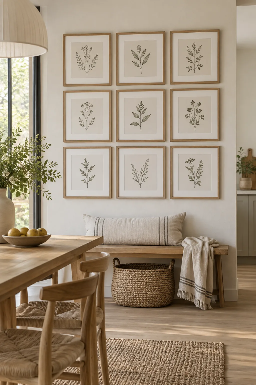 A large blank wall filled with a perfect grid of nine square black frames with wide white mats