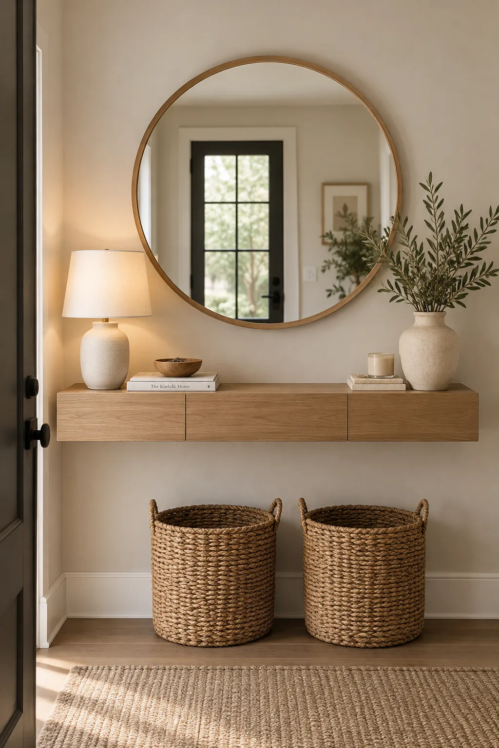 A long narrow wooden console table pushed against a large white wall with a round mirror above it