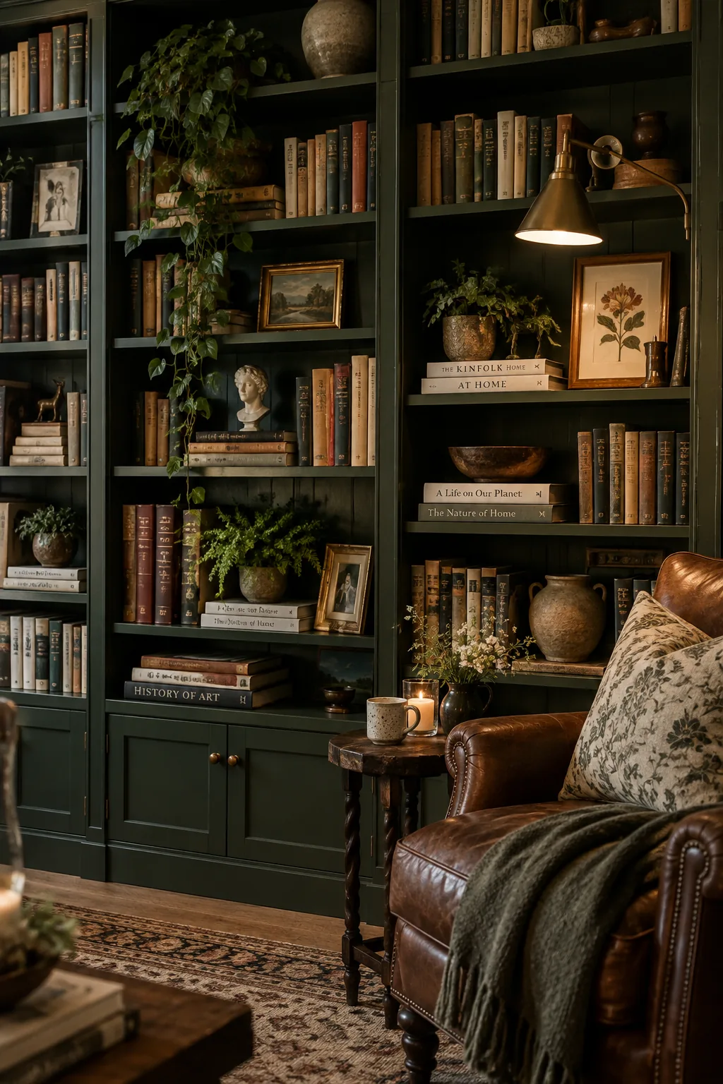 A massive wall completely covered in built-in bookshelves filled with books, art, and ceramics