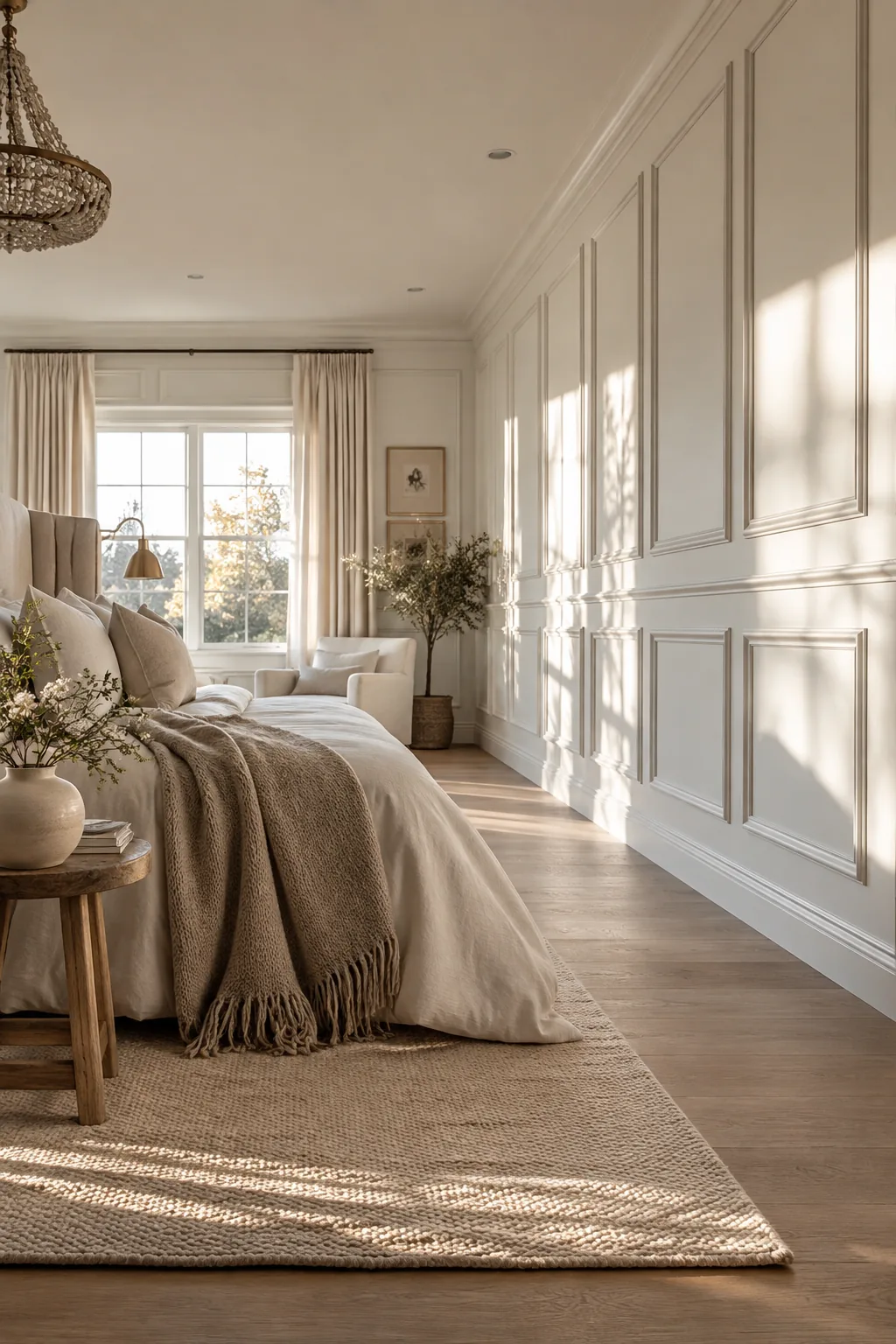 A large wall painted in a soft greige with elegant picture molding trim boxes applied to the drywall