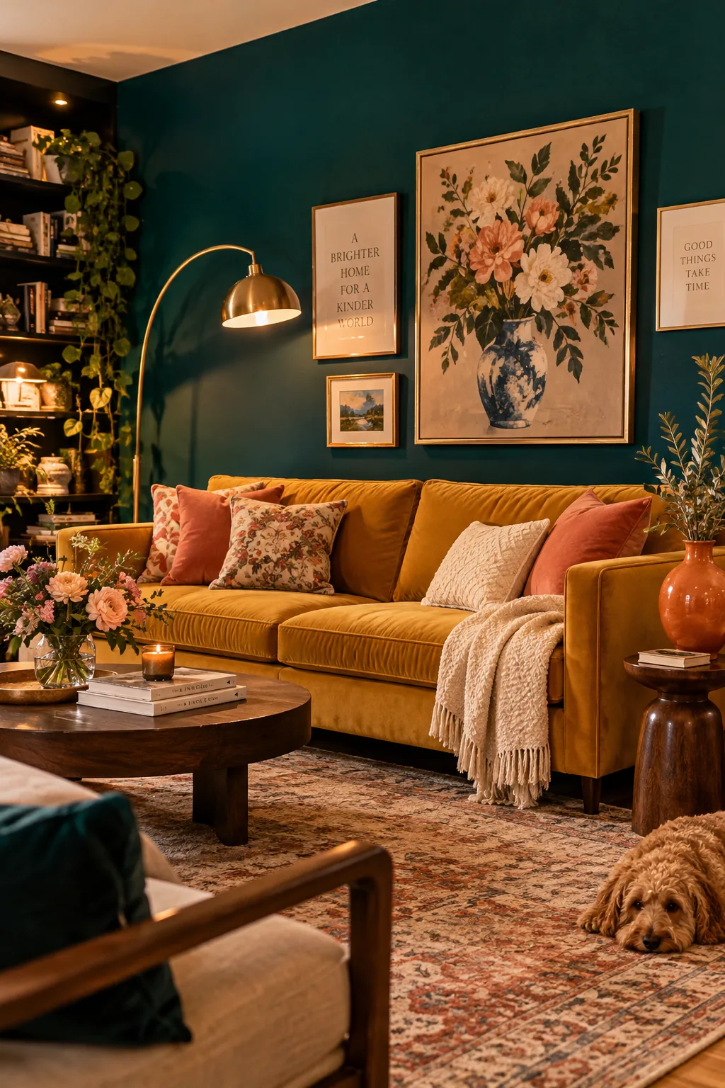 A large living room wall painted in a dark charcoal gray behind a light-colored sofa