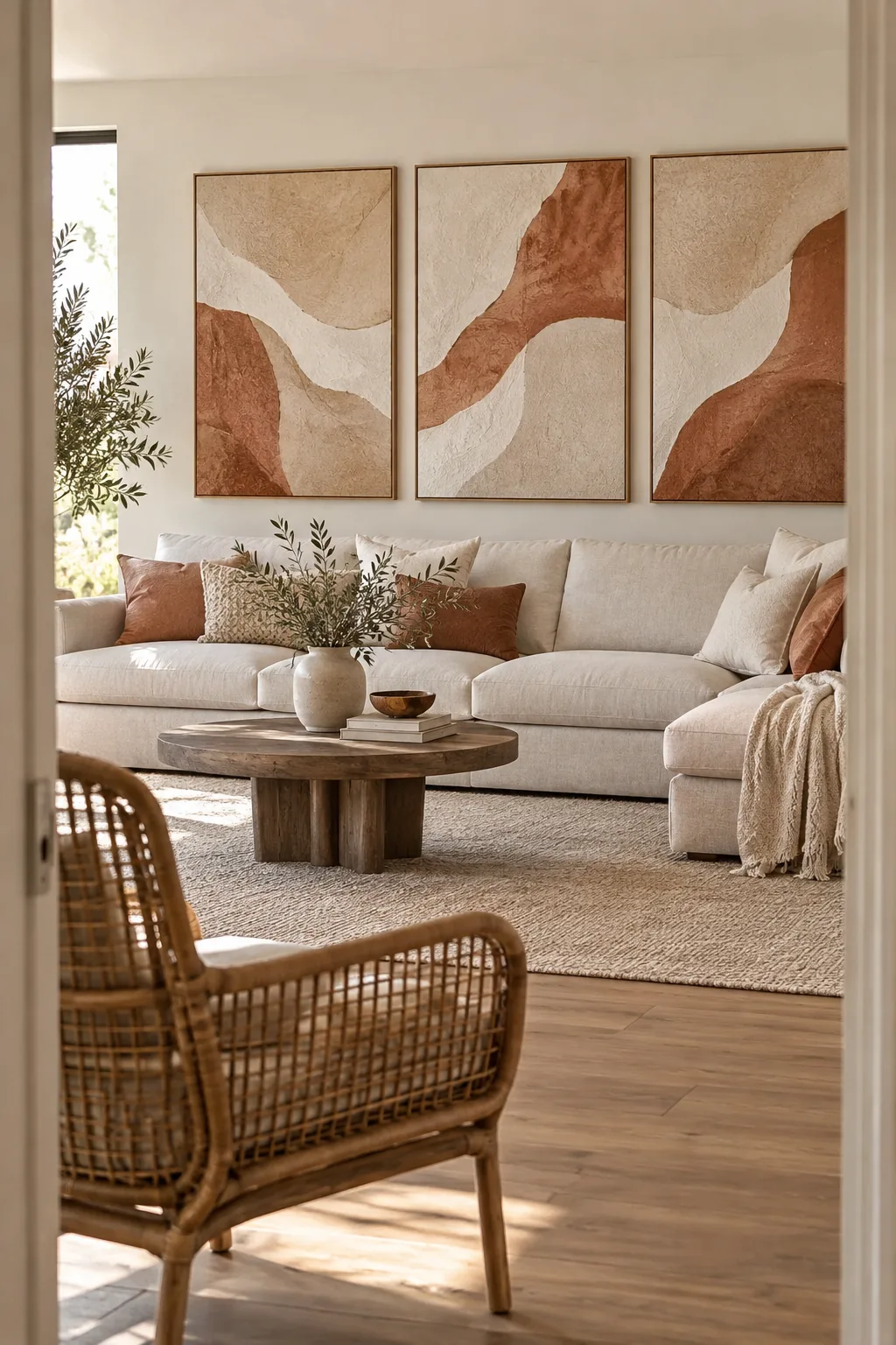 Three matching vertical art panels hung side by side over a modern sectional sofa