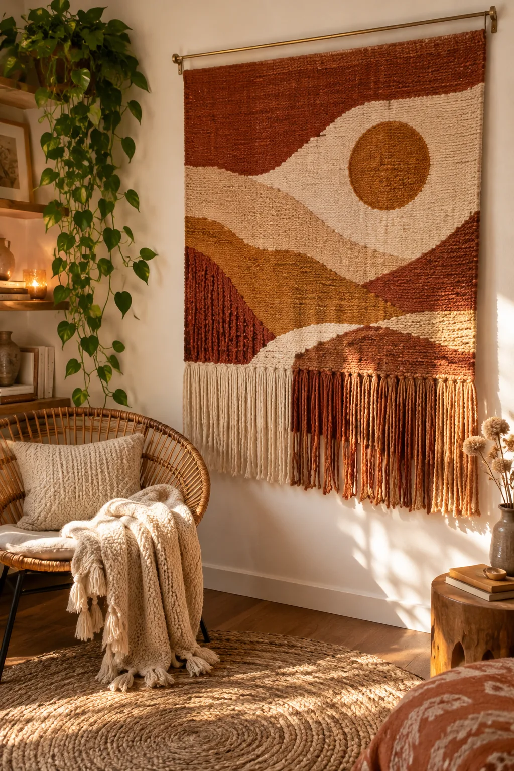 A large woven tapestry hanging from a brass rod on a blank white wall