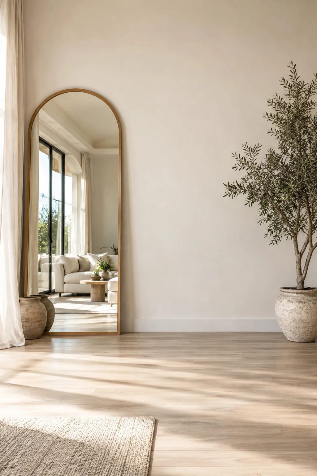 A massive gold floor mirror leaning asymmetrically against a large wall next to a tall olive tree