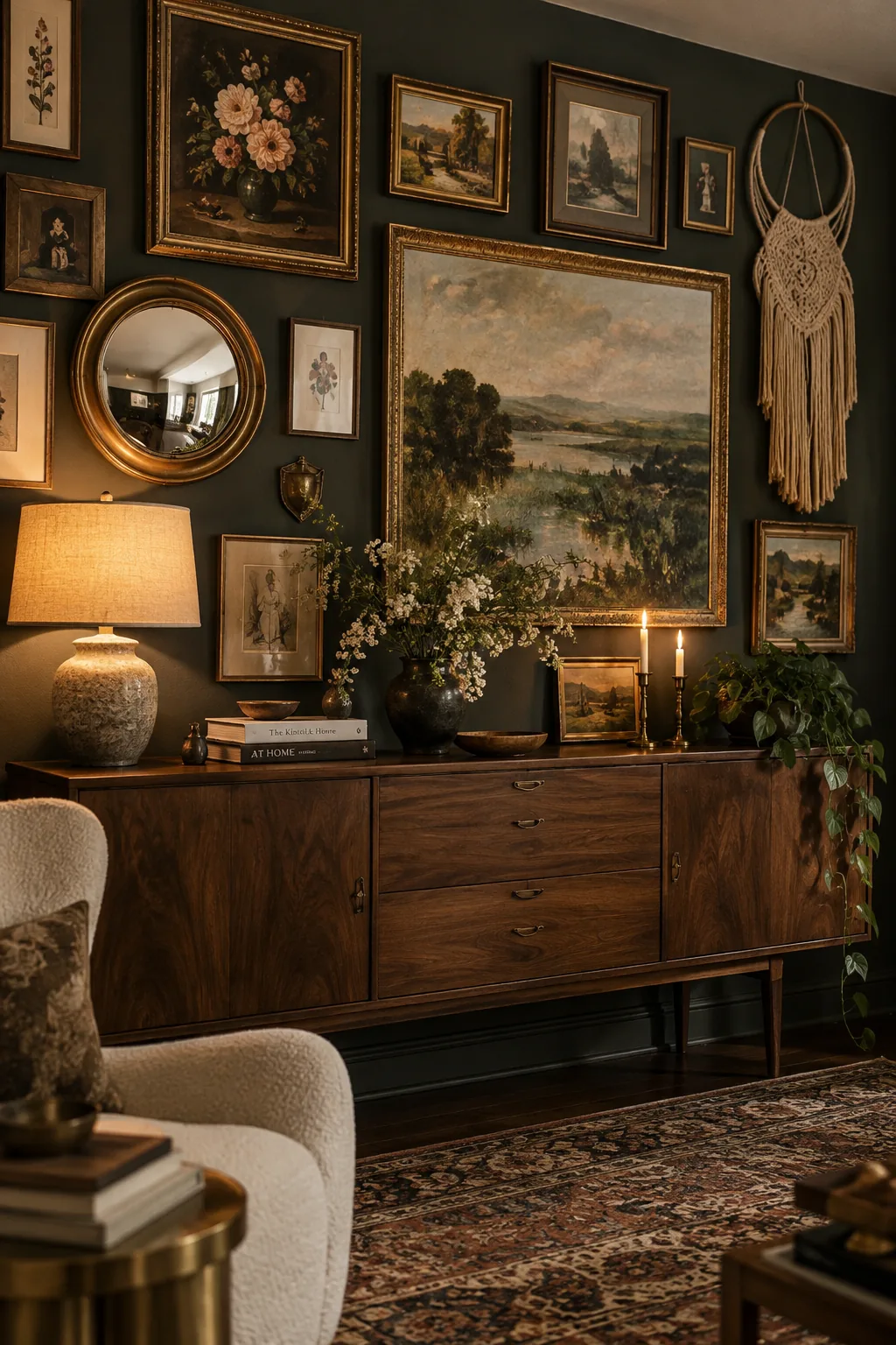 A large wall covered in a tight eclectic mix of vintage art, mirrors, and sculptural pieces