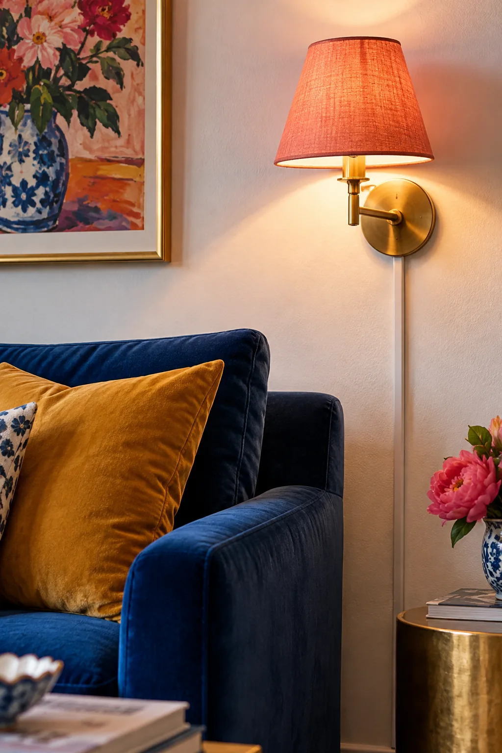 Two brass plug-in wall sconces flanking a piece of art above a sofa on a large wall