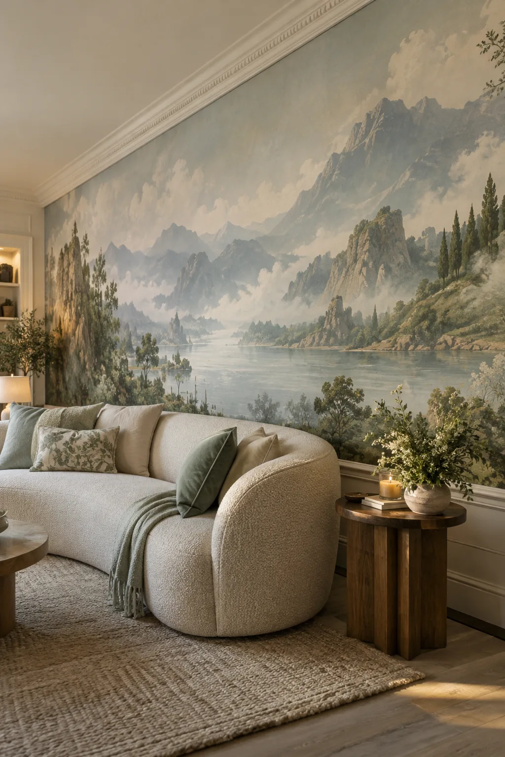 A large dining room wall covered in a panoramic wallpaper mural of a misty forest landscape
