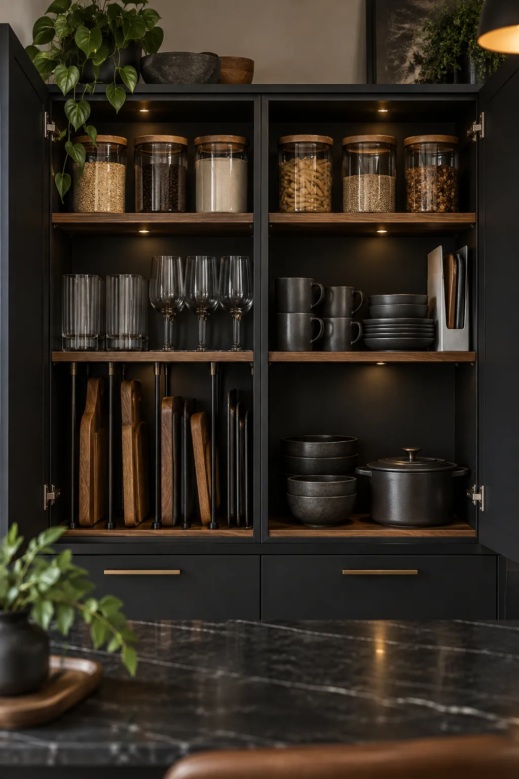 Black kitchen cabinet interior organized with dark glass jars, black tension rods, and walnut cutting boards.
