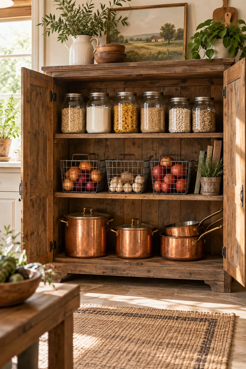 Rustic kitchen cabinet with reclaimed wood shelves, mason jars, wire baskets, and copper pots.
