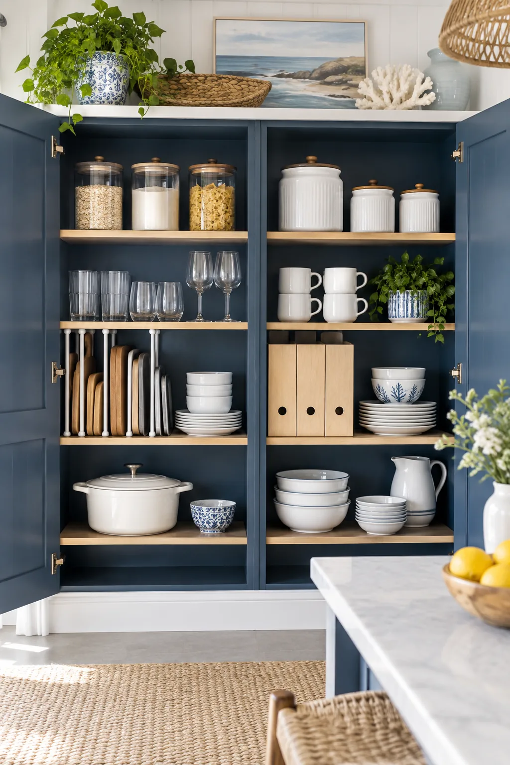 Navy blue painted kitchen cabinet organized with white ceramic containers and birch wood files.