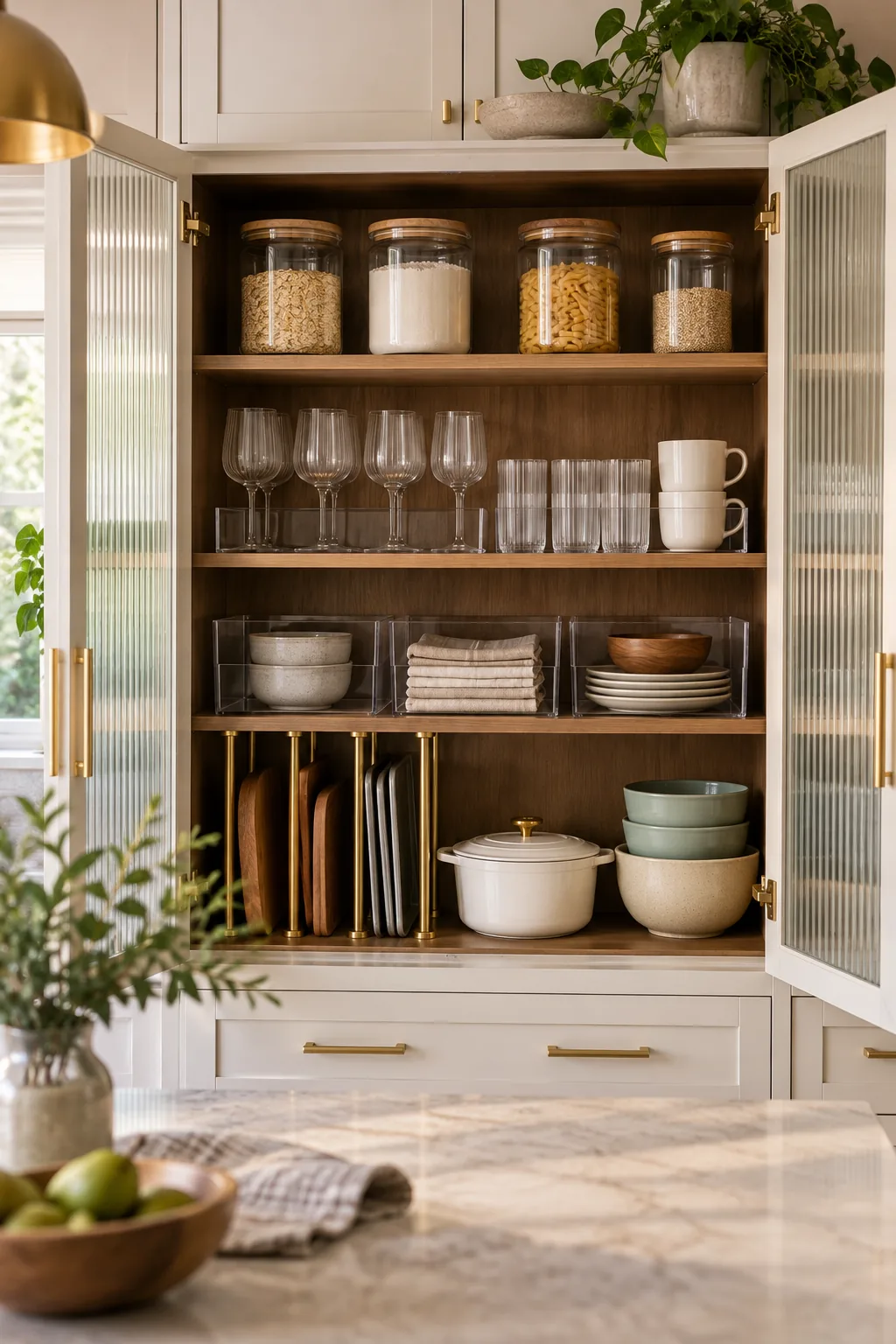 Modern kitchen cabinet with brass tension rods, acrylic bins, and neatly stacked glassware.