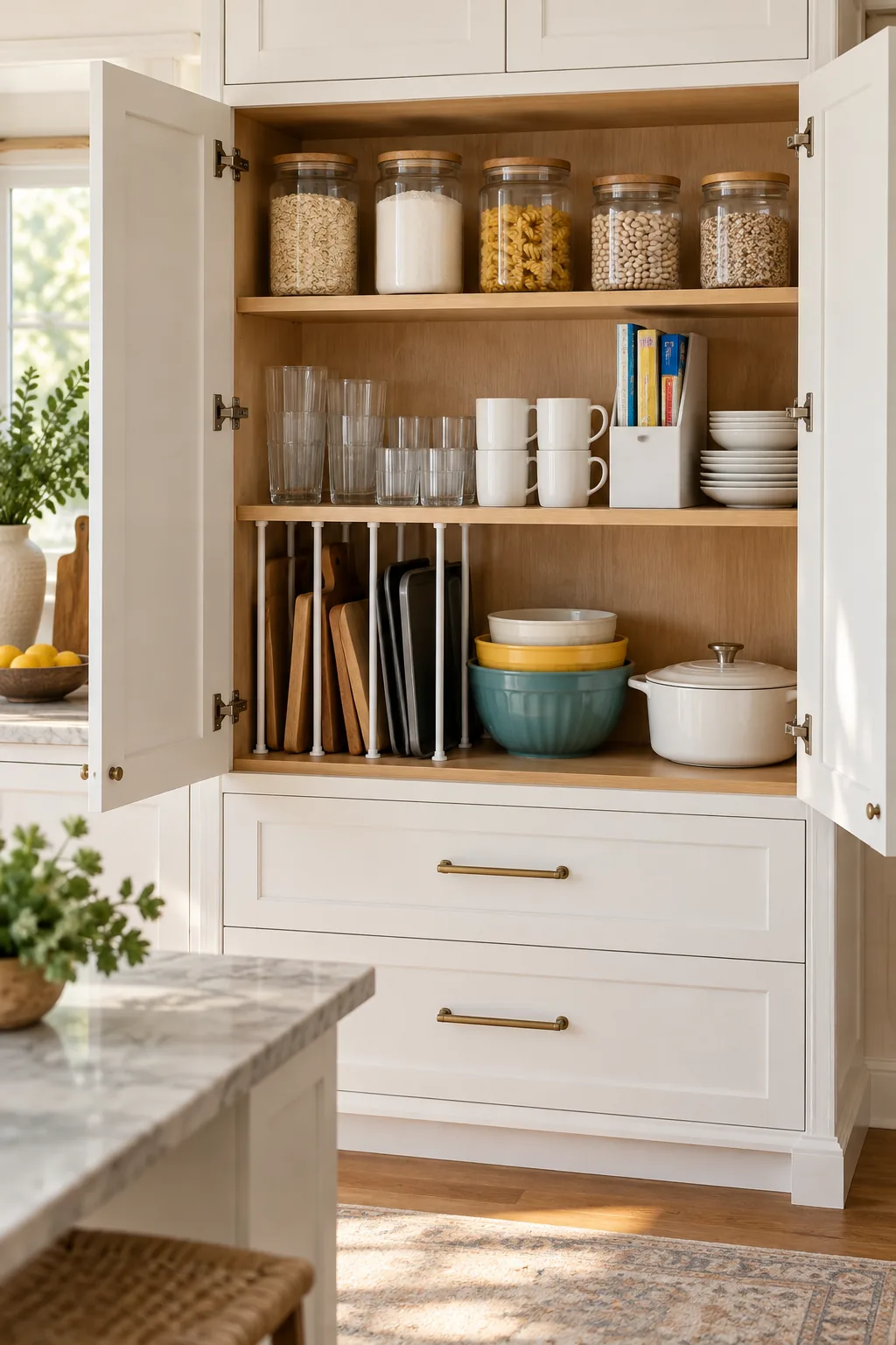 Wide view of an open kitchen cabinet showing three distinct vertical storage tiers.