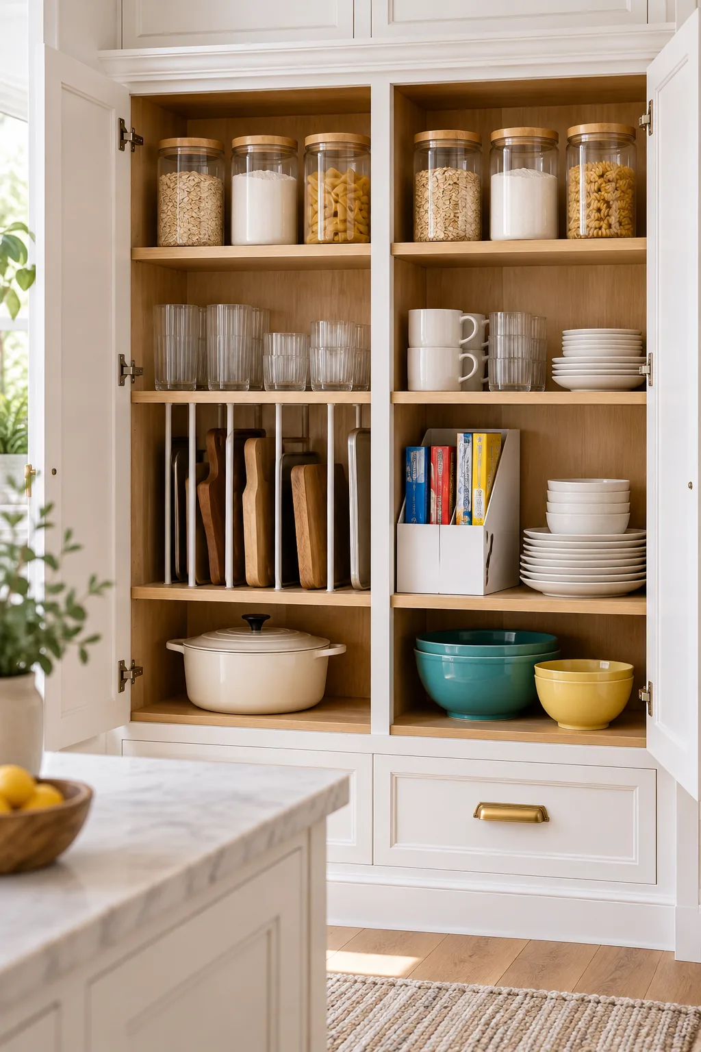 Top kitchen cabinet shelf lined with matching glass jars containing dry pantry staples.