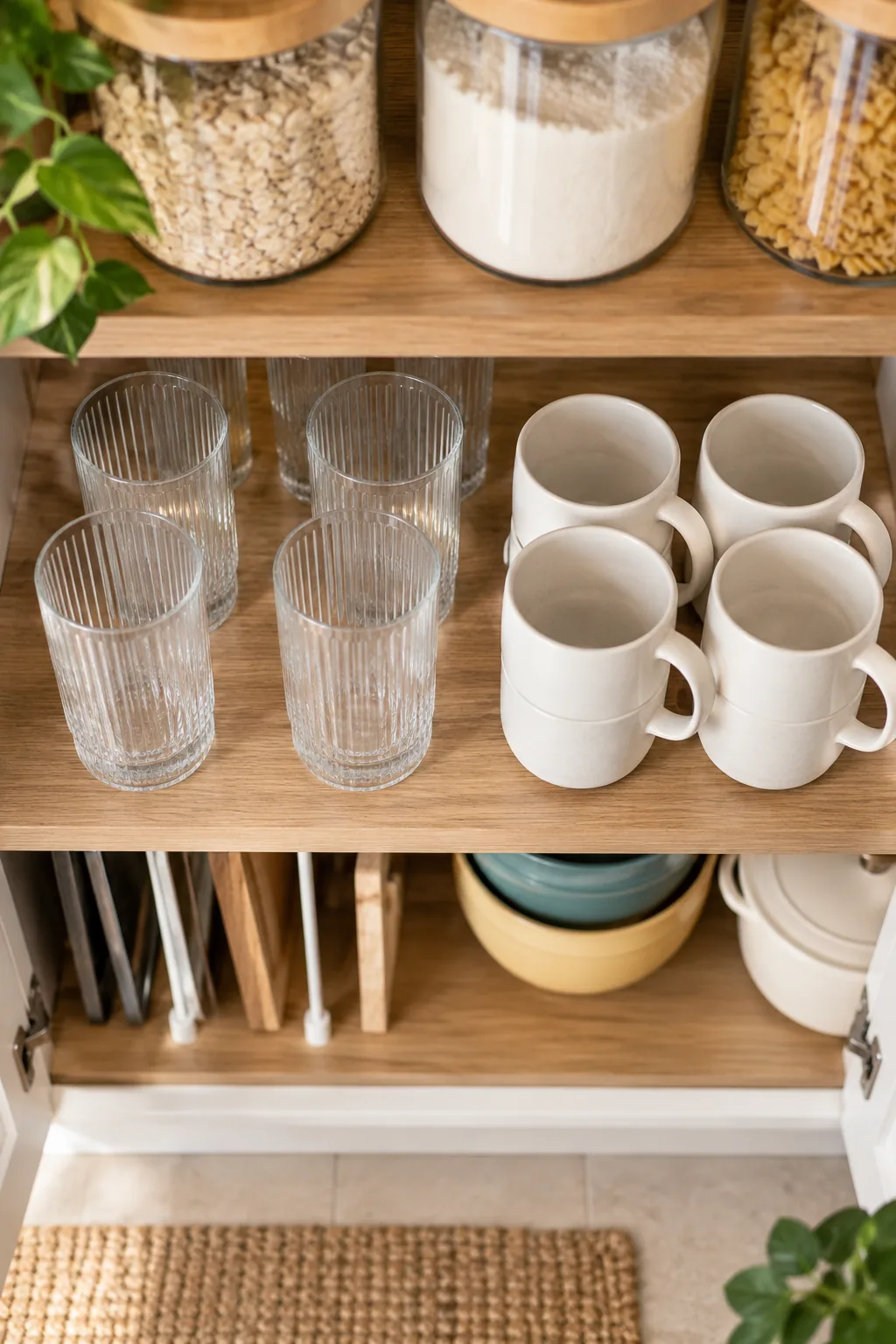 Middle cabinet shelf adjusted to an 8-inch height, tightly fitting stacked drinking glasses and mugs.