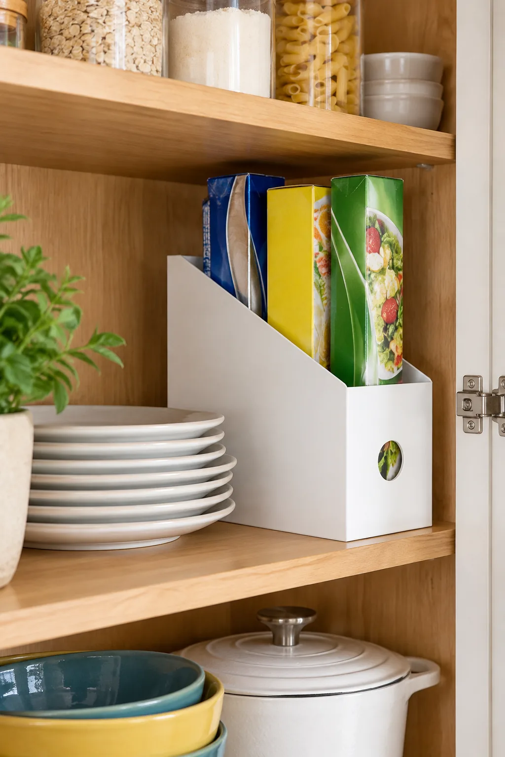 White magazine file turned sideways on a cabinet shelf, holding boxes of foil and wrap upright.