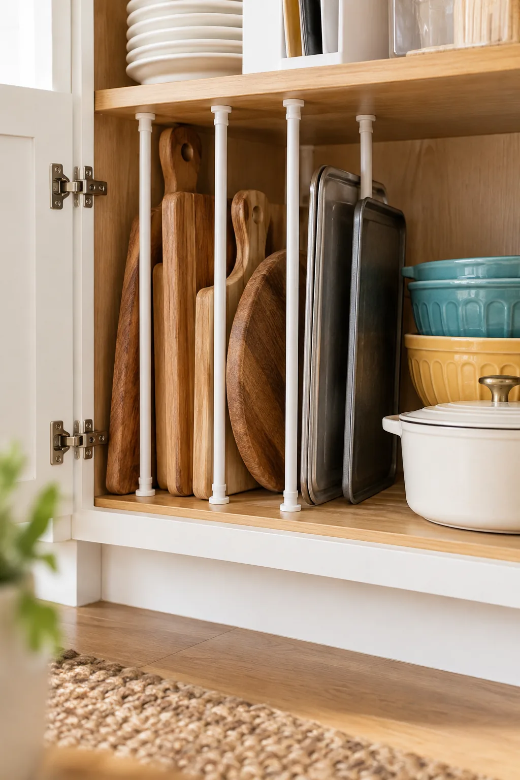 Bottom shelf of a kitchen cabinet holding heavy ceramic mixing bowls and a cast iron pot.