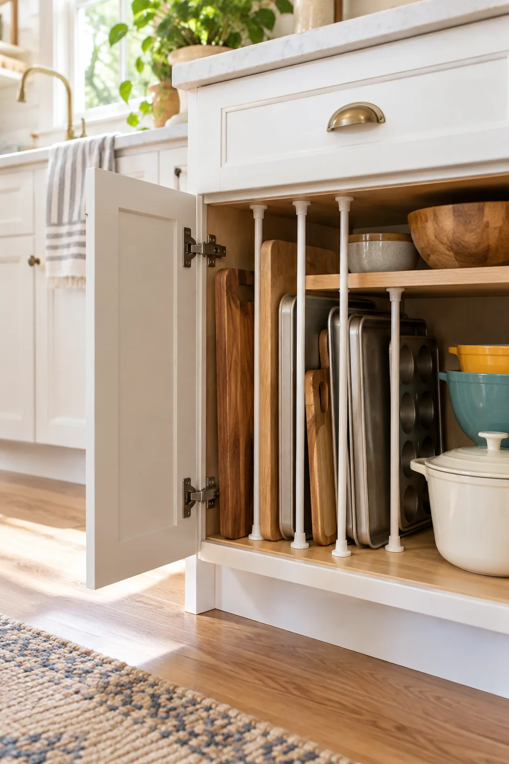 Vertical tension rods installed inside a cabinet shelf, acting as dividers for wooden cutting boards.