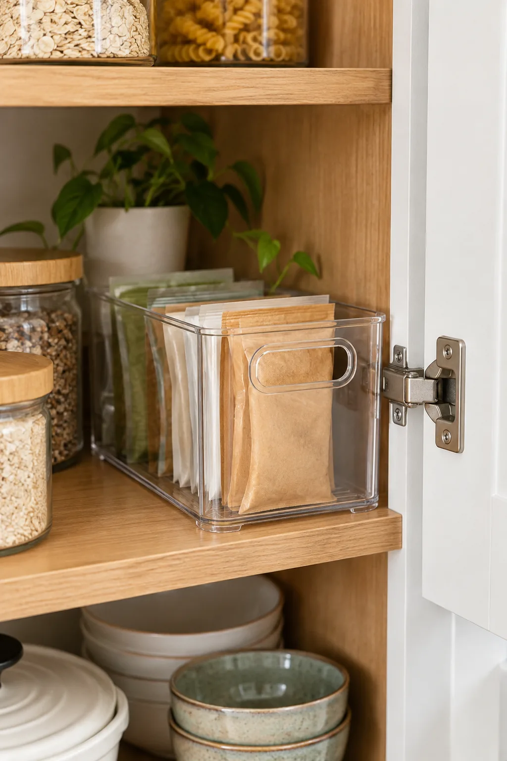 Square acrylic storage bin placed on a cabinet shelf with a one-inch gap leaving room for the metal door hinge.