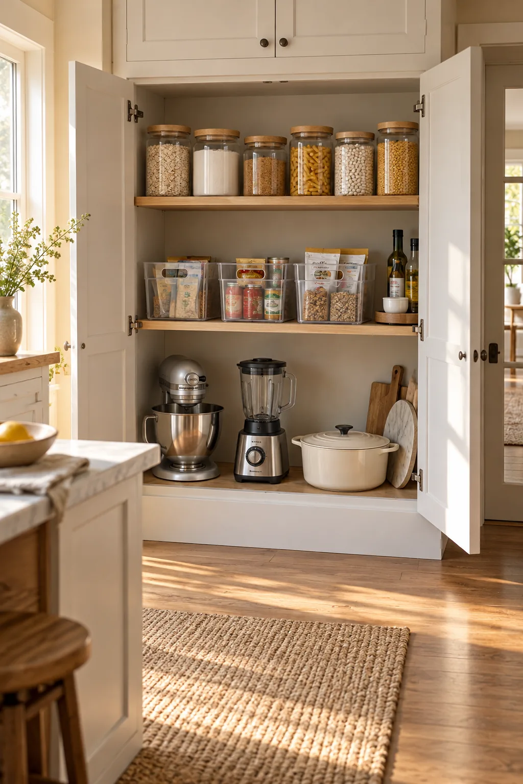 Secondary kitchen pantry cabinet organized with glass jars on top and heavy appliances on the bottom.