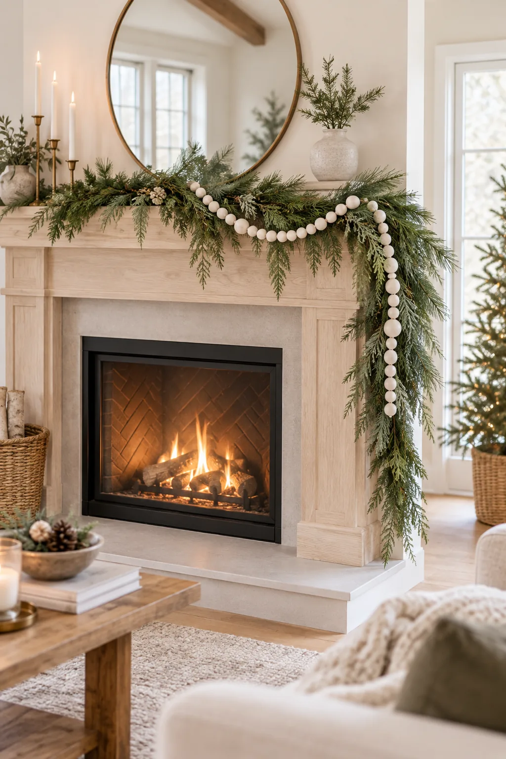 A minimalist Scandinavian holiday mantel with sparse pine and white wooden beads on a pale wood shelf.