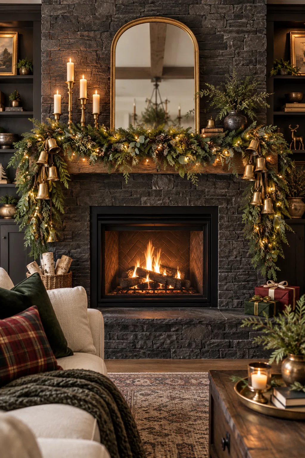 A dark stone fireplace decorated with heavy cedar garland and antique gold bells.