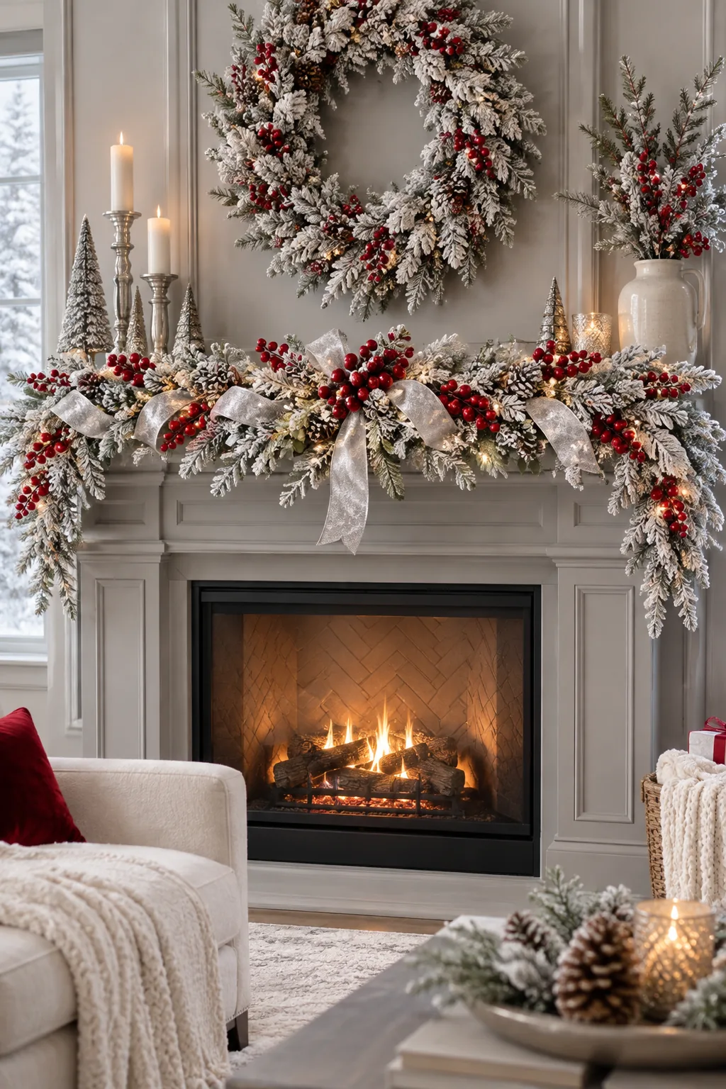A flocked Christmas garland with silver ribbon and red berries on a gray mantel.